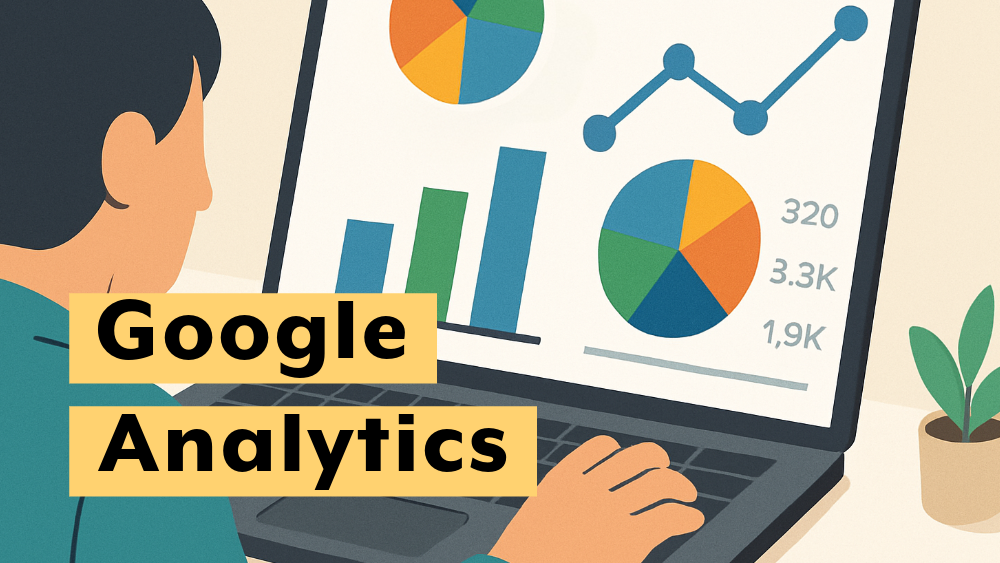 ノートパソコンでGA4のダッシュボードを閲覧し、棒グラフや円グラフ、折れ線グラフなどのデータを確認している人物のイラスト。デスクには観葉植物が置かれ、分析やホームページ運用のイメージが伝わるシンプルなシーン。