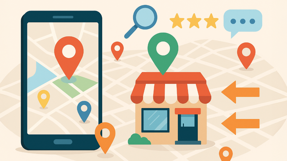 スマートフォンに表示された地図と複数のピン、店舗アイコン、拡大鏡やレビュー星、口コミの吹き出し、矢印が並び、地図検索から店舗にお客さんが集まるイメージを表現したイラスト