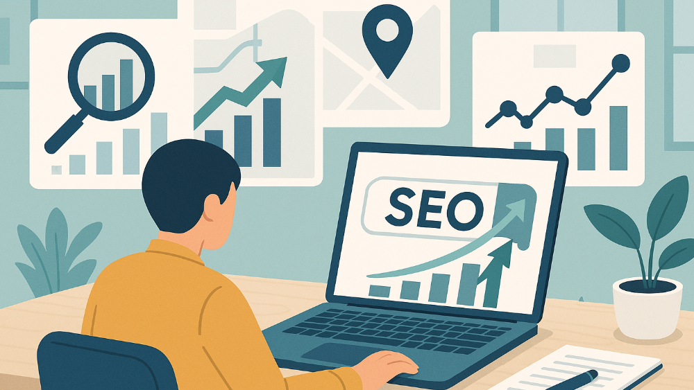 SEO対策に取り組む人物が、グラフやローカルマップのデータが表示されたパソコン画面を見つめているデジタルイラスト。周囲には検索や分析をイメージさせるグラフアイコンが配置され、ホームページ集客の向上を表現している。
