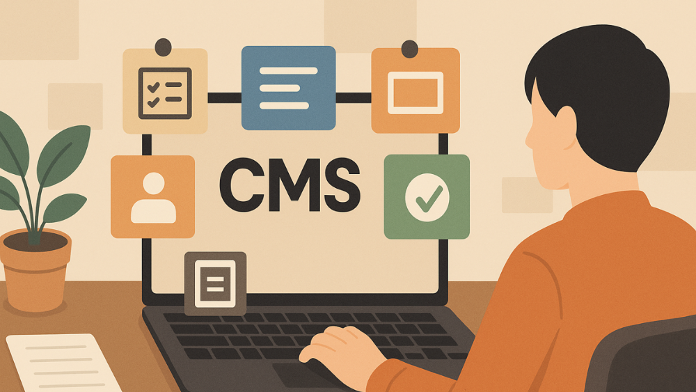 ノートPCの画面中央に『CMS』と表示され、周囲に記事アイコン、チェックリスト、人物シンボル、分析グラフなどCMSの機能を想起させる抽象的なアイコンが配置されたイラスト。机の上には観葉植物とメモ用紙が置かれている。