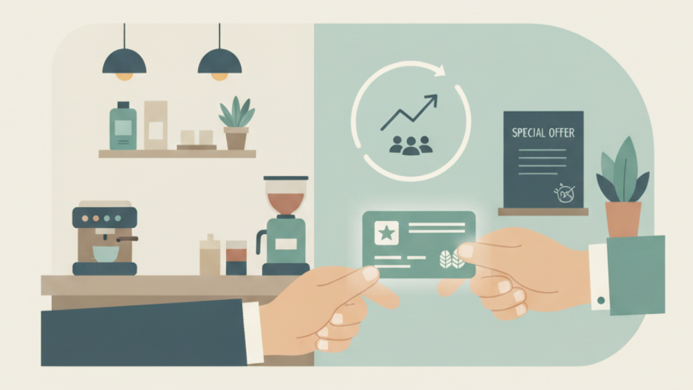 顧客ロイヤルティと特典を示すフラットイラスト。左側にはカフェのような店内の様子が描かれ、右側では会員カードとスペシャルオファーの案内が提示されている。二つの手がカードを受け渡す構図で、顧客満足度とリピーター獲得の概念を表現。