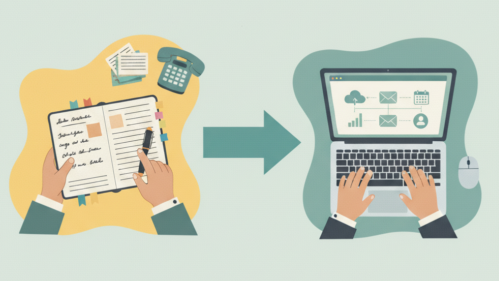 手帳に書き込む手と、ノートパソコンを操作する手が矢印で繋がれたイラスト。アナログな顧客管理からデジタルへの移行を表現。