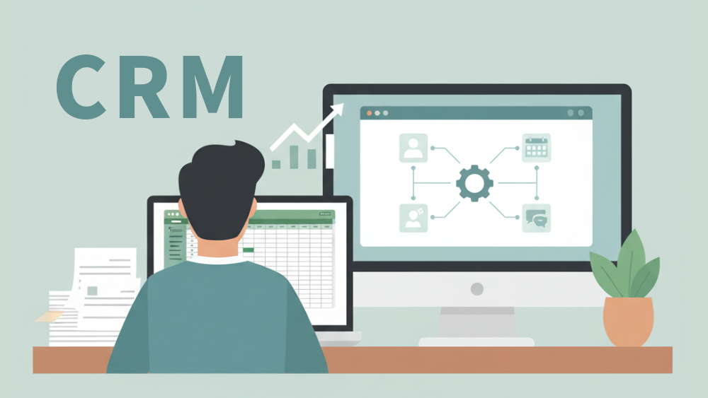 デスクでノートパソコンと外部モニターに向かう人物の背面図のイラスト。ノートパソコンにはスプレッドシートが表示され、外部モニターには歯車のアイコンを中心に顧客管理ツールのようなアイコンが配置された画面が表示されている。