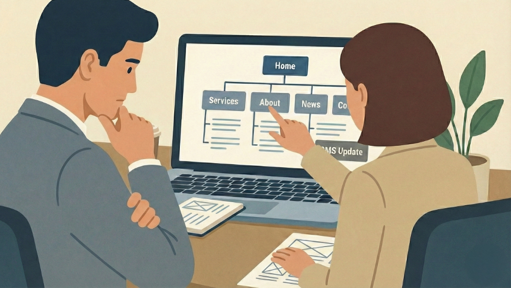 ノートパソコンの画面に表示されたウェブサイトのサイトマップ階層図を見ながら話し合っている男性と女性のイラスト。女性が『About』ページを指差し、男性は考え込んでいる。画面には『Home』『Services』『News』『Contact』や『CMS Update』の項目があり、デスクにはワイヤーフレームの書類やコーヒーがある。