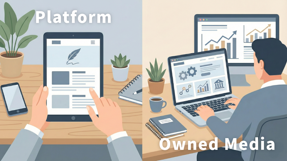 「Platform」と「Owned Media」の文字が配された、メディア運営の比較イラスト。左側にはタブレットで執筆を行う手元の描写、右側には複数のモニターでサイト運用や分析を行う人物の後ろ姿が描かれている。落ち着いたトーンのビジネス向けフラットイラスト。