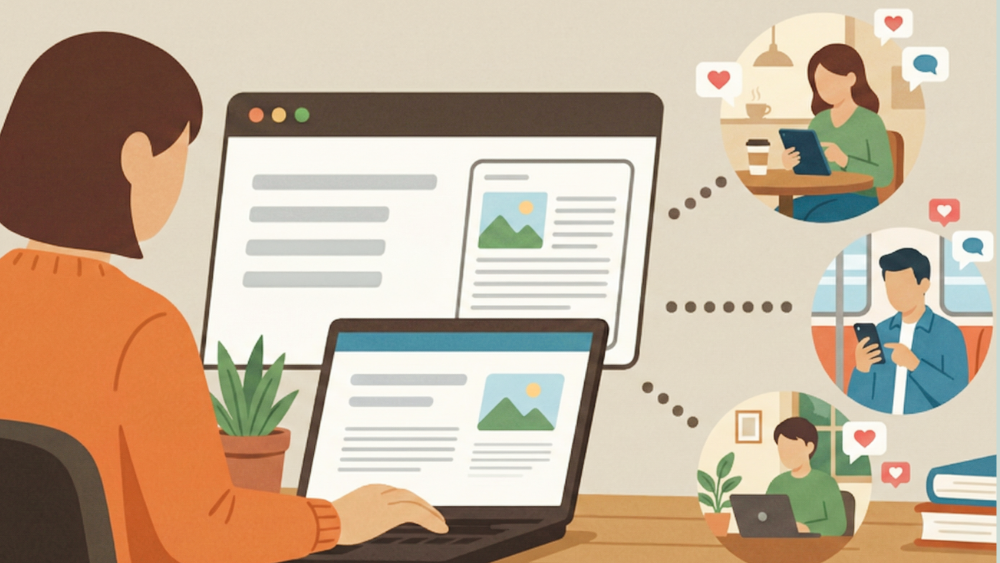 ノートパソコンでウェブサイトの編集画面を操作している人物を背後から描いたイラスト。デスクの上には観葉植物やアイデアを記したノート、コーヒーが置かれ、自分でホームページを更新してビジネスを加速させる様子を表現した、落ち着いたトーンのフラットデザイン。