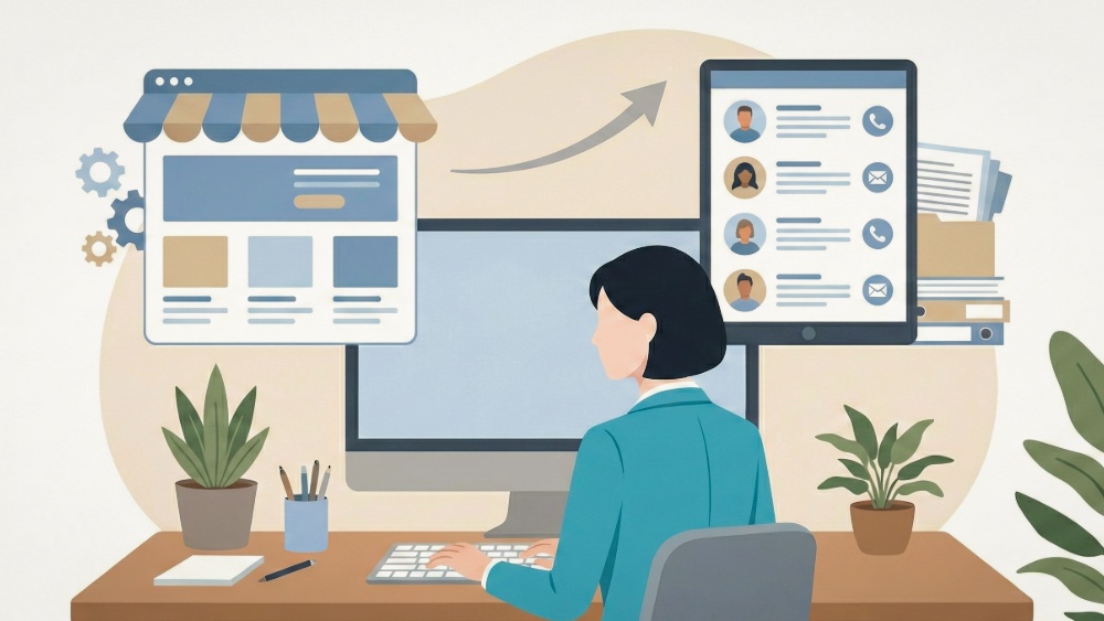 パソコンデスクで作業する女性の背後に、ウェブサイト（CMS）と顧客リスト（CRM）を象徴するグラフィックが浮かんでいるビジネスイラスト。落ち着いたトーンのフラットデザイン。