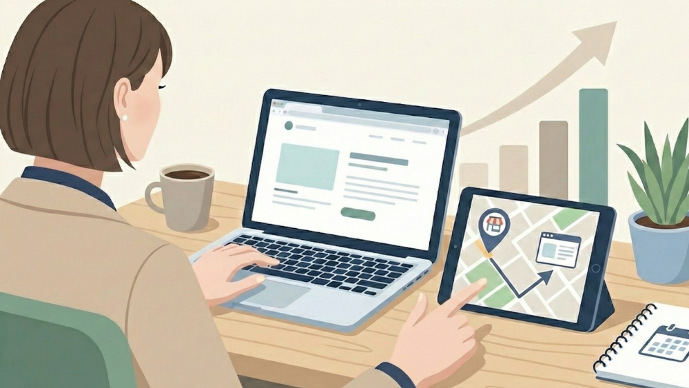 デスクでノートパソコンを操作しながら、タブレットに表示された店舗の地図とウェブサイトの連携イメージを指差している女性経営者のフラットイラスト。背景には上昇グラフや観葉植物が配置され、Googleマップ集客から予約への流れを象徴する清潔感のあるビジネスシーン。