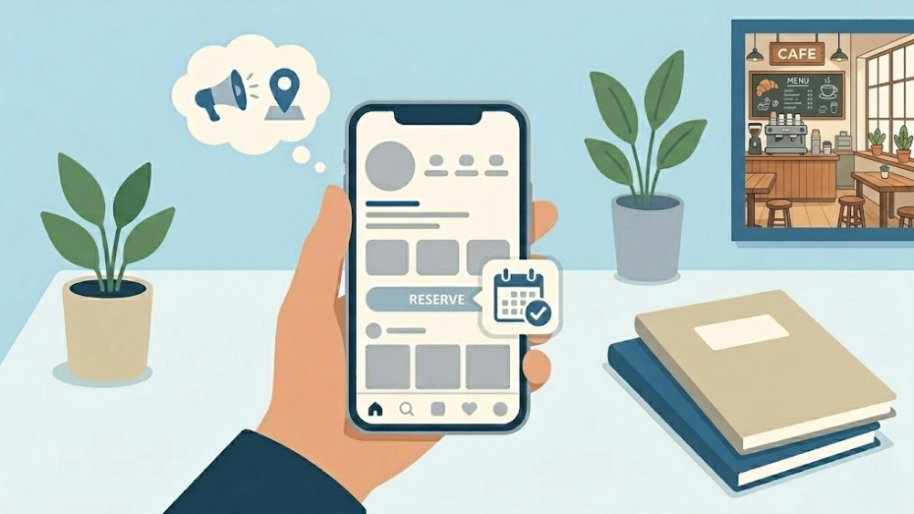 スマートフォンの画面でSNSの投稿画面を表示し、予約カレンダーのアイコンを指し示している様子。背景の壁にはカフェの店内のイラストが飾られ、デスクには観葉植物とノートが置かれた、落ち着いたブルートーンのビジネス・集客イメージのイラスト。