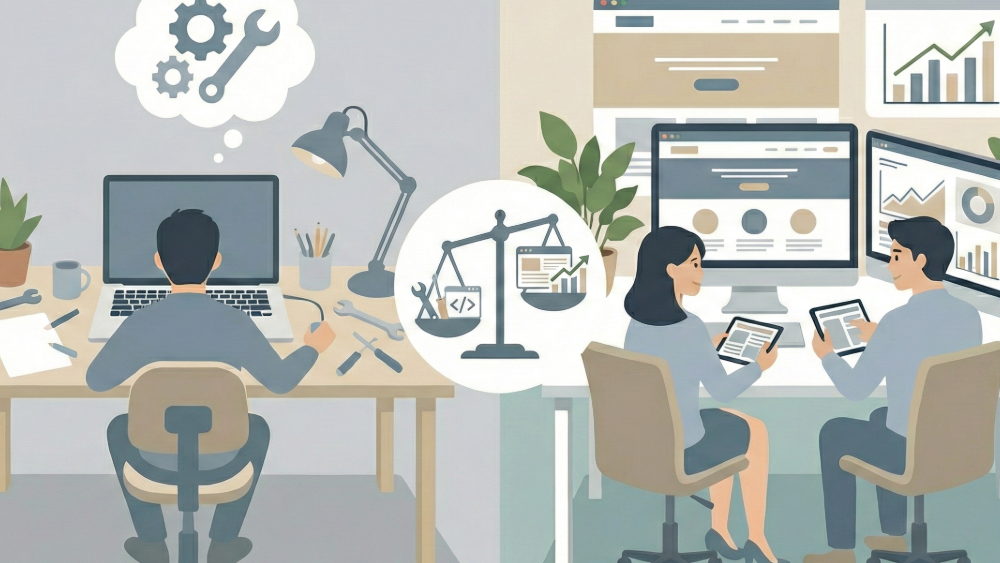 ホームページ制作の『自作』と『外注』を比較する、フラットでシンプルなイラスト。左側に一人で作業する人物と技術ツール、右側にチームで制作を行う様子を描き、中央の天秤がそれぞれの選択肢を比較検討している様子。